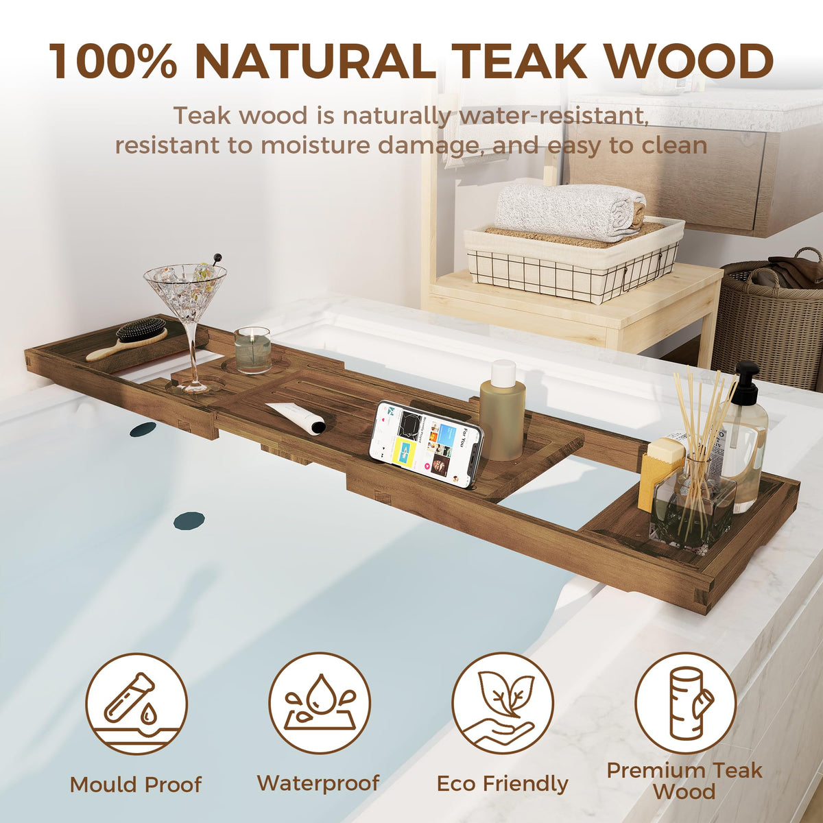 Fun Memories teak bath tray book stand for hands-free reading in the tub