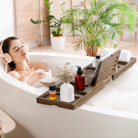 Fun Memories teak bath tray in dark walnut color complements bathroom decor