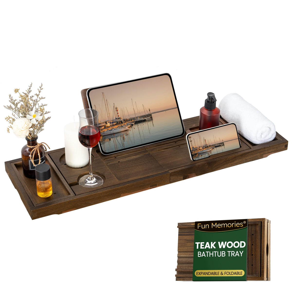 Fun Memories teak bathtub tray fully extended to fit larger tubs for spacious use