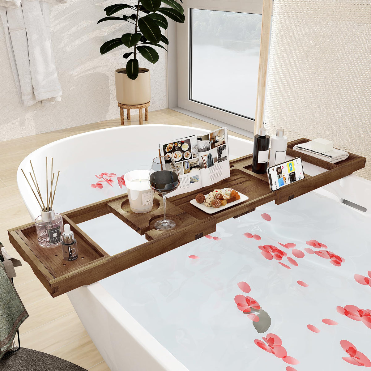 Fun Memories teak bath tray with phone holder to keep devices safe and dry