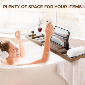 Fun Memories teak bath tray silicone grips prevent slipping on tub rims