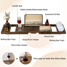 Fun Memories teak bath tray with wine glass holder for a relaxing evening soak