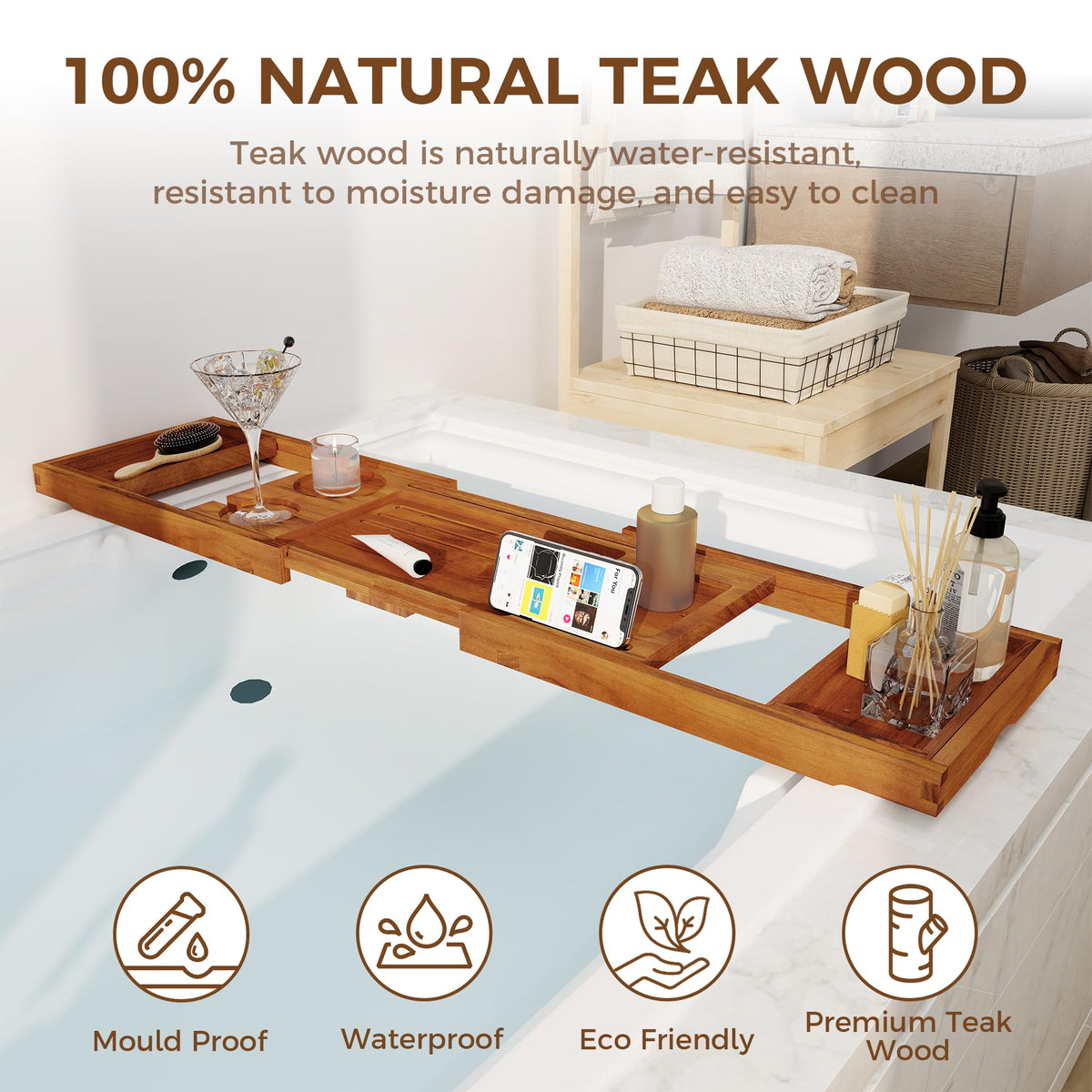 Fun Memories teak bathtub tray book stand supports hands-free reading during soak