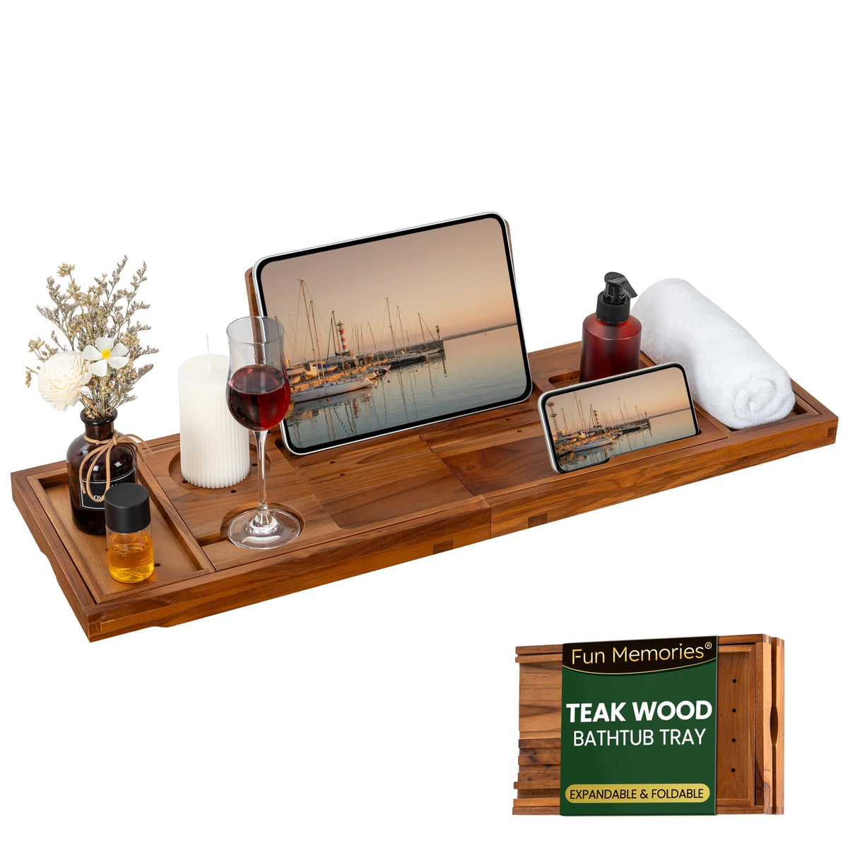Fun Memories teak bathtub tray with extended handles for easy reach and luxurious soak