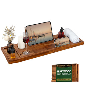 Fun Memories teak bathtub tray with extended handles for easy reach and luxurious soak