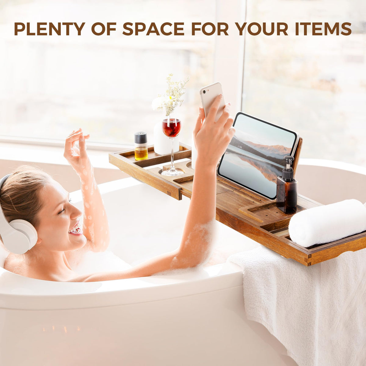 Fun Memories teak bathtub tray foldable design saves bathroom storage space