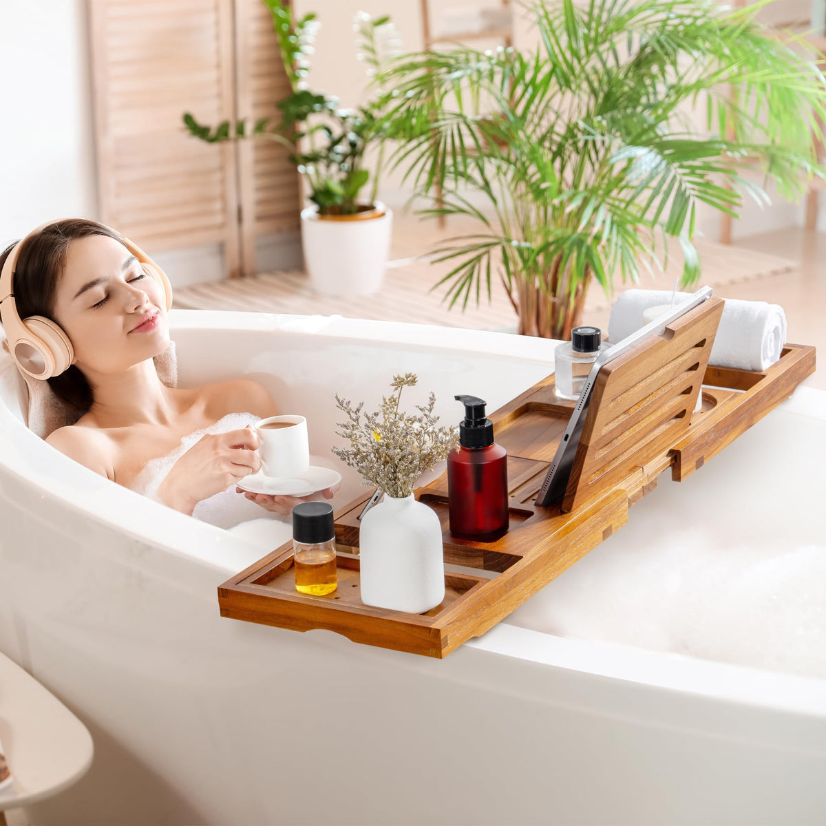 Fun Memories teak bathtub tray installs quickly without tools for instant setup