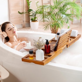 Fun Memories teak bathtub tray installs quickly without tools for instant setup