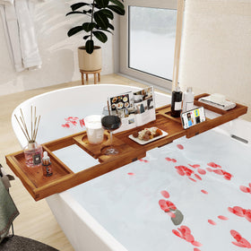 Fun Memories teak bathtub tray with phone holder keeps device safe and close