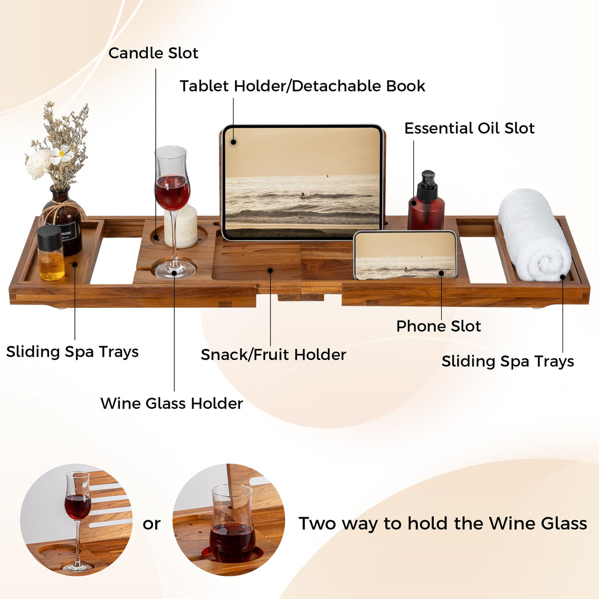 Fun Memories teak bathtub tray with wine glass holder enhances relaxation during bath
