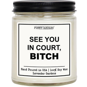 Funny Candles Lawyer Graduation Candle in a glass jar for celebration.