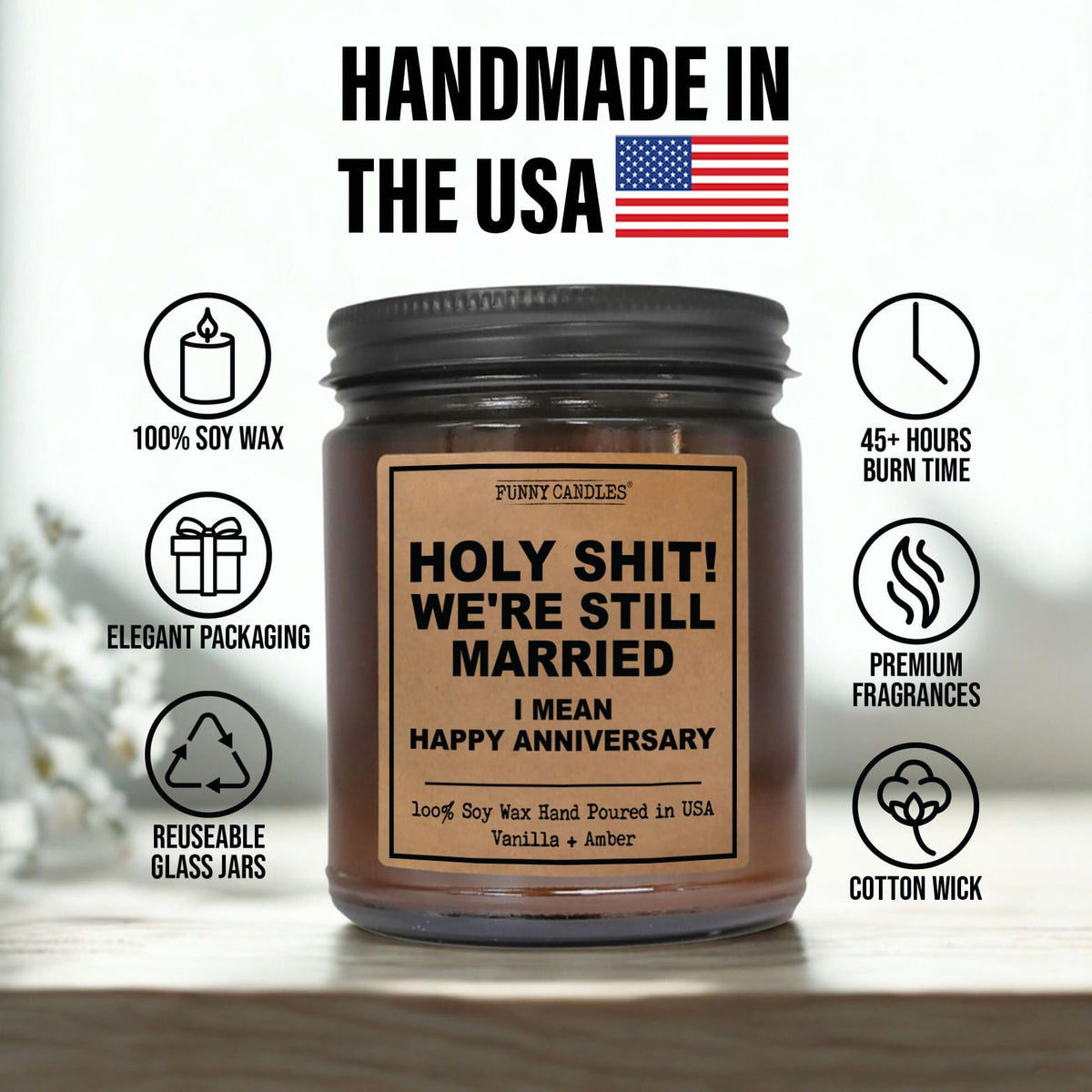 Funny Candles vanilla-sandalwood fragrance image highlights calming scent for romantic evenings.