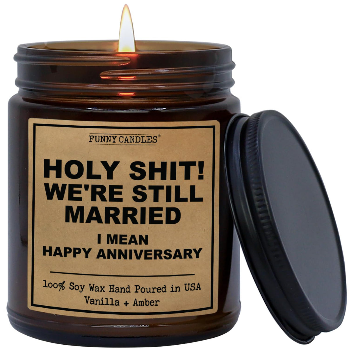 Funny Candles We're Still Married in an amber jar—great anniversary gift for couples.