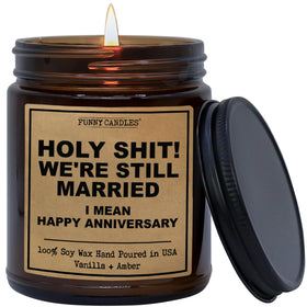 Funny Candles We're Still Married in an amber jar—great anniversary gift for couples.