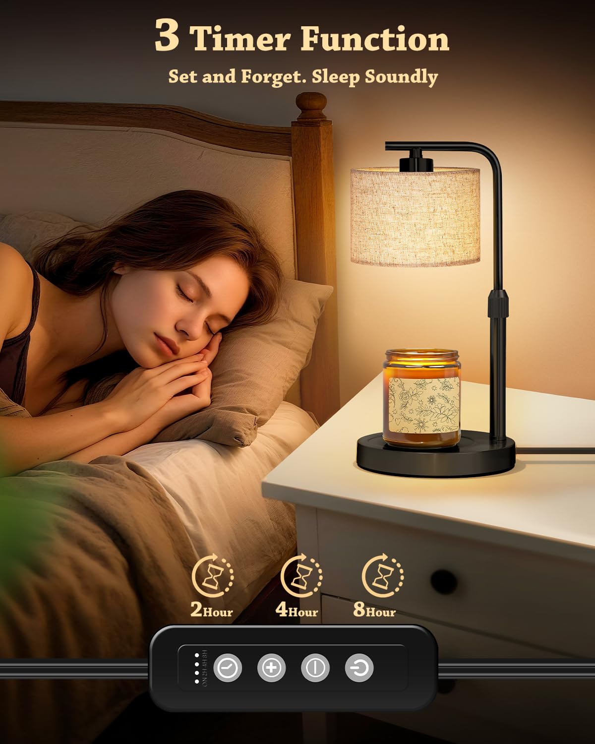 Fabric shade candle warmer lamp emits a soft, cozy light ideal for reading