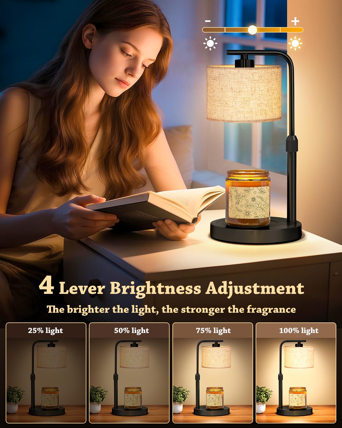 Height-adjustable candle warmer lamp from 3.5 to 7.5 inches adapts to containers