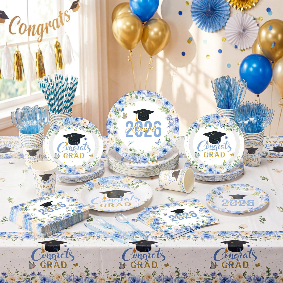 Funnymoom graduation napkins with blue-gold accents for tidy, festive tables.