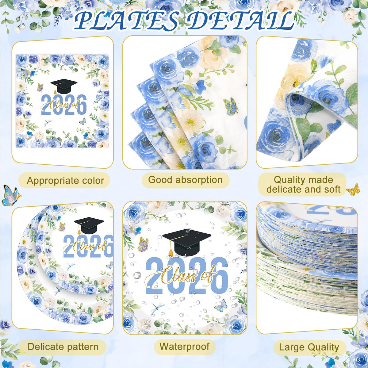 Funnymoom blue-gold graduation plates 7-inch for light snacks at Class of 2026 celebrations.