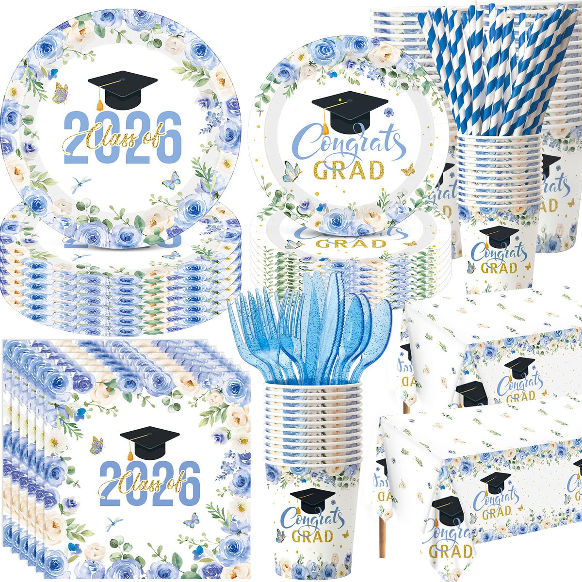 Funnymoom blue-gold graduation plates 9-inch with floral design for elegant party service.