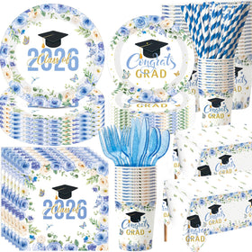 Funnymoom blue-gold graduation plates 9-inch with floral design for elegant party service.