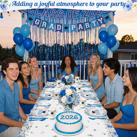 Funnymoom graduation tablecloth in PE plastic covers large surfaces for quick cleanup.
