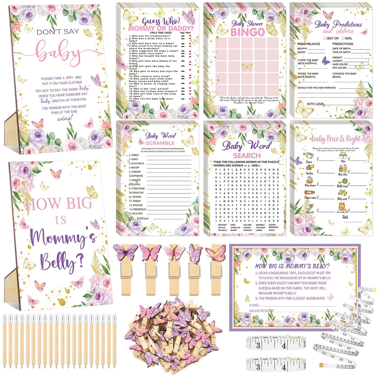Funnymoom butterfly baby shower games cards show vibrant butterfly designs to engage guests.