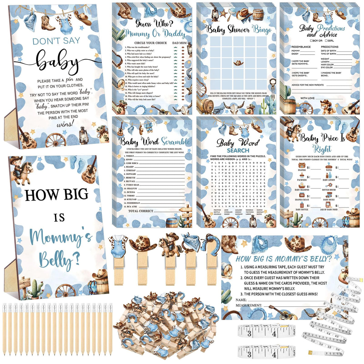 Funnymoom Cowboy Baby Shower Games Card Set engages guests with playful prompts.