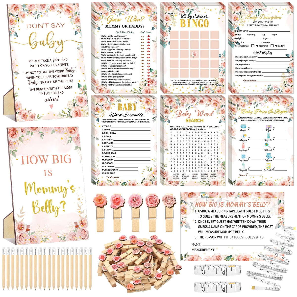 Funnymoom floral baby shower games deck promotes lively guest participation.