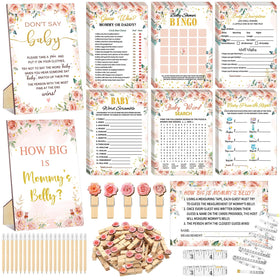 Funnymoom floral baby shower games deck promotes lively guest participation.