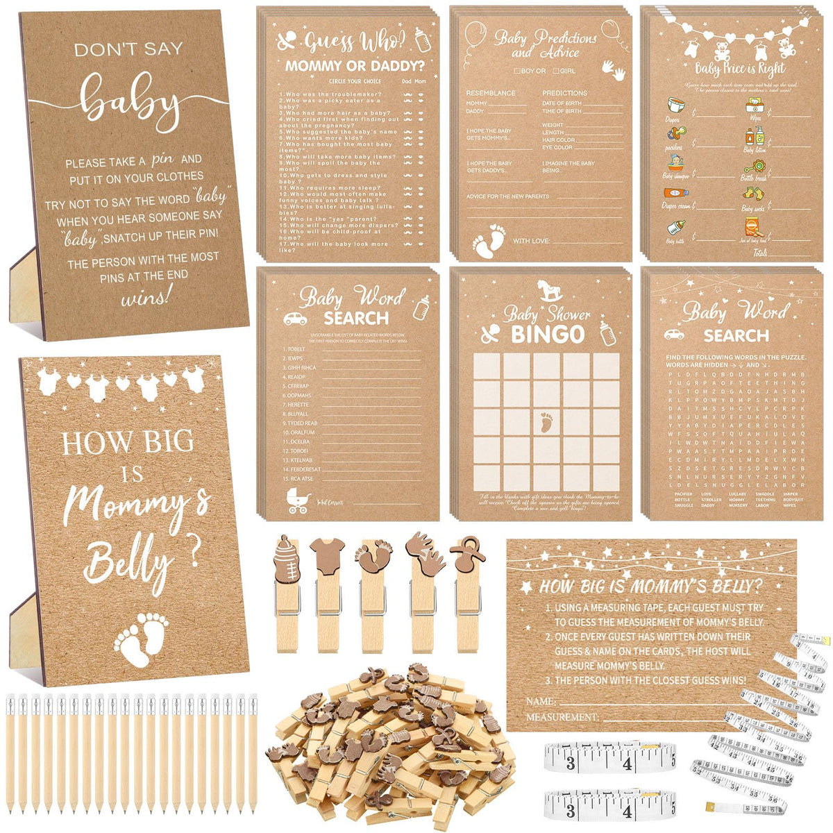 Funnymoom kraft baby shower games cards set for entertaining guests.