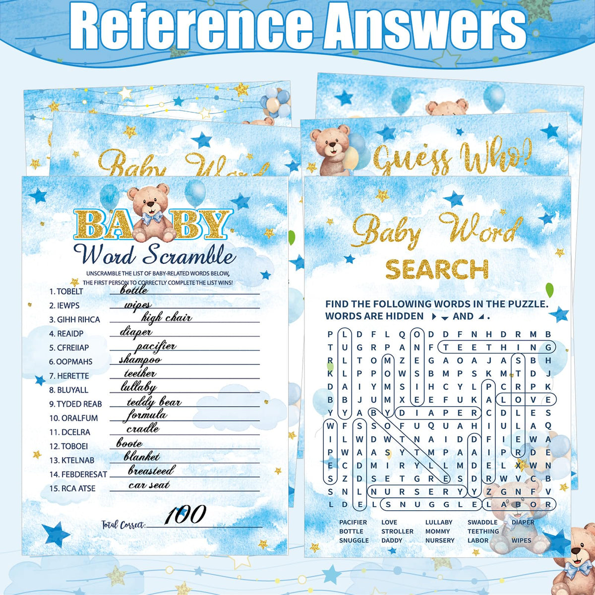 Funnymoom pencils accompany cards for easy answer marking