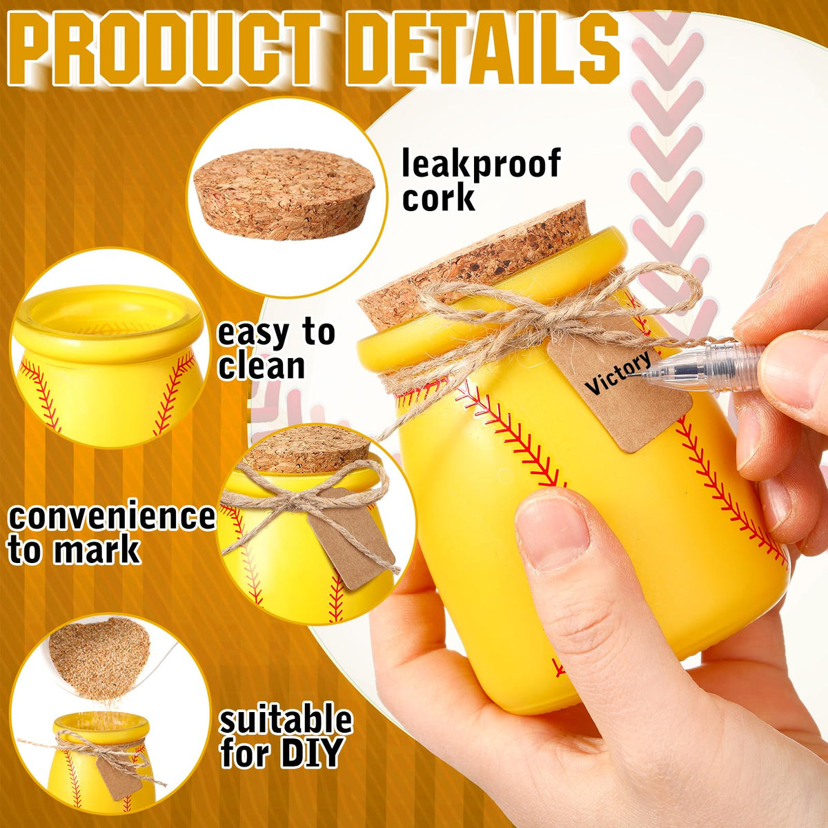 Yellow dirt-design softball jar highlights softball theme for festive team celebrations.