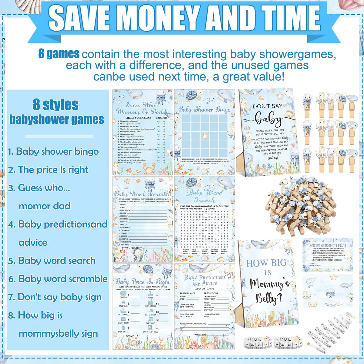 Funnymoom word scramble and prediction cards invite guest participation