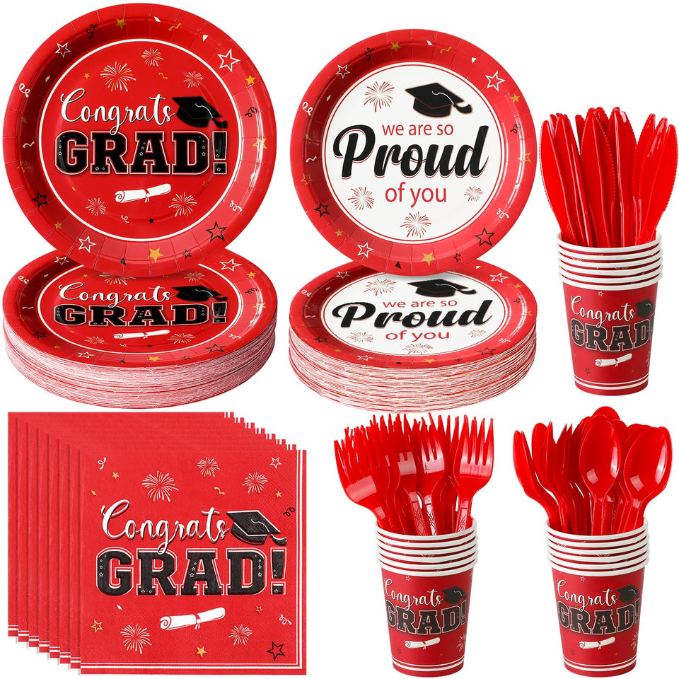FunnyPars graduation dessert plates 7inch red with mortarboard design for easy serving