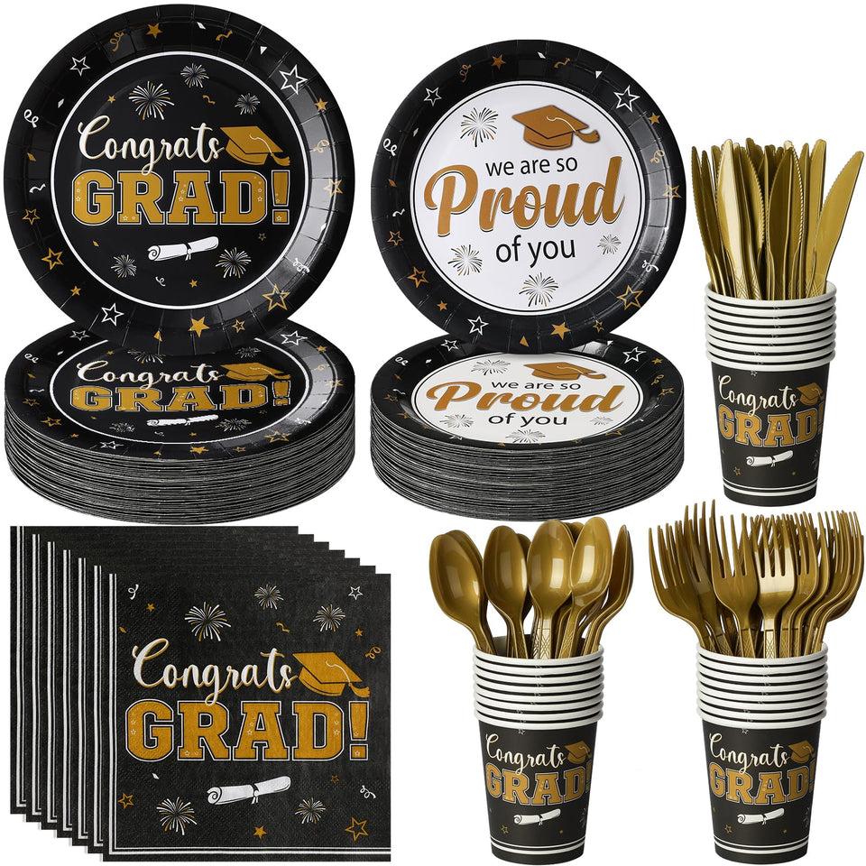 FunnyPars graduation plates 7inch showcase black and gold design for elegant serving