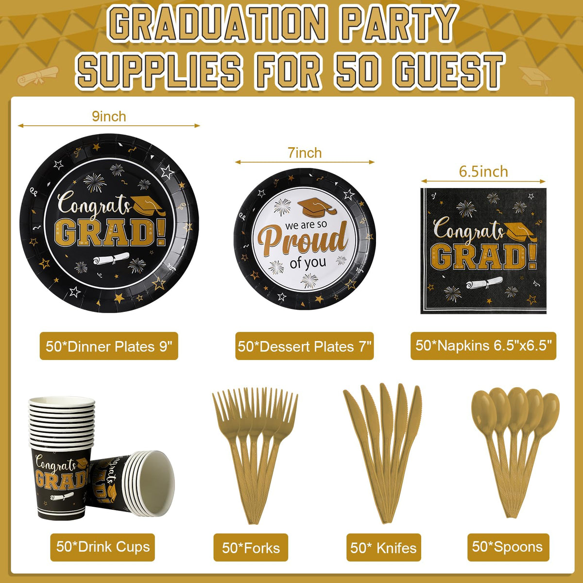 FunnyPars graduation plates 9inch in black and gold ideal for dinner courses