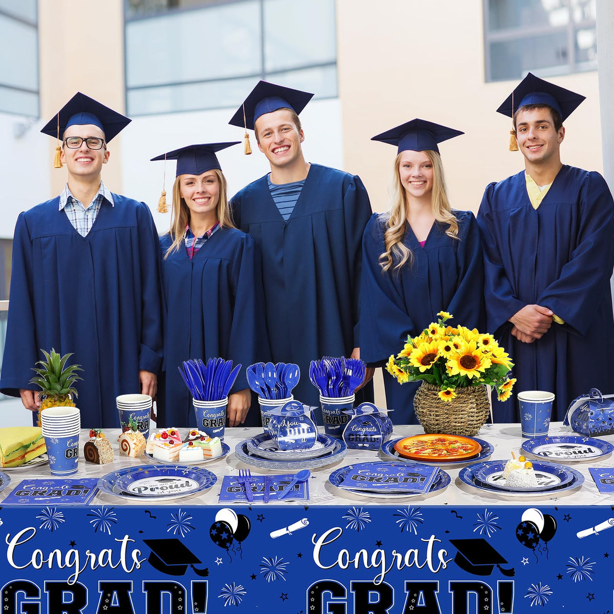 FunnyPars Graduation Party Table Setup in blue ready for a cohesive celebration