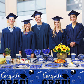 FunnyPars Graduation Party Table Setup in blue ready for a cohesive celebration