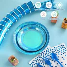 FunnyPars iridescent blue cups elevate beverage service with style.