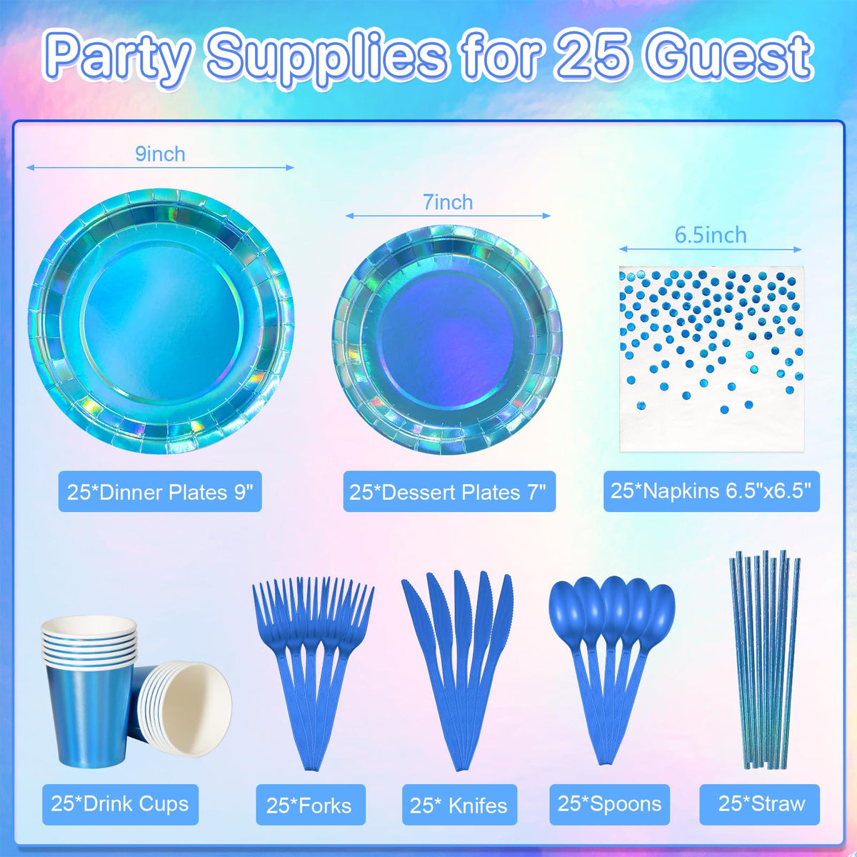 FunnyPars iridescent blue dessert plates shimmer under party lights.