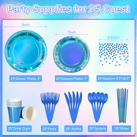 FunnyPars iridescent blue dessert plates shimmer under party lights.