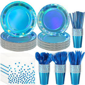 FunnyPars iridescent blue dinner plates reflect light for an elegant look.