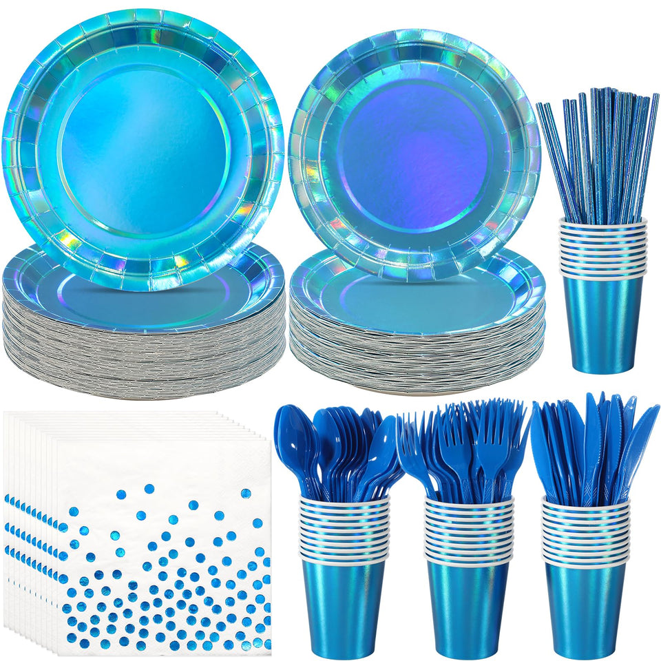 FunnyPars iridescent blue dinner plates reflect light for an elegant look.