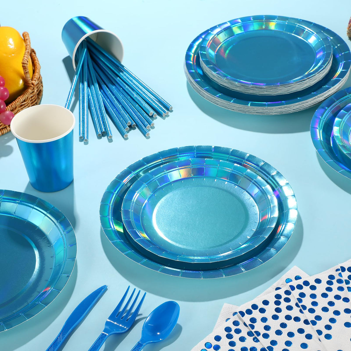 FunnyPars iridescent blue napkins add sparkle to the table setting.