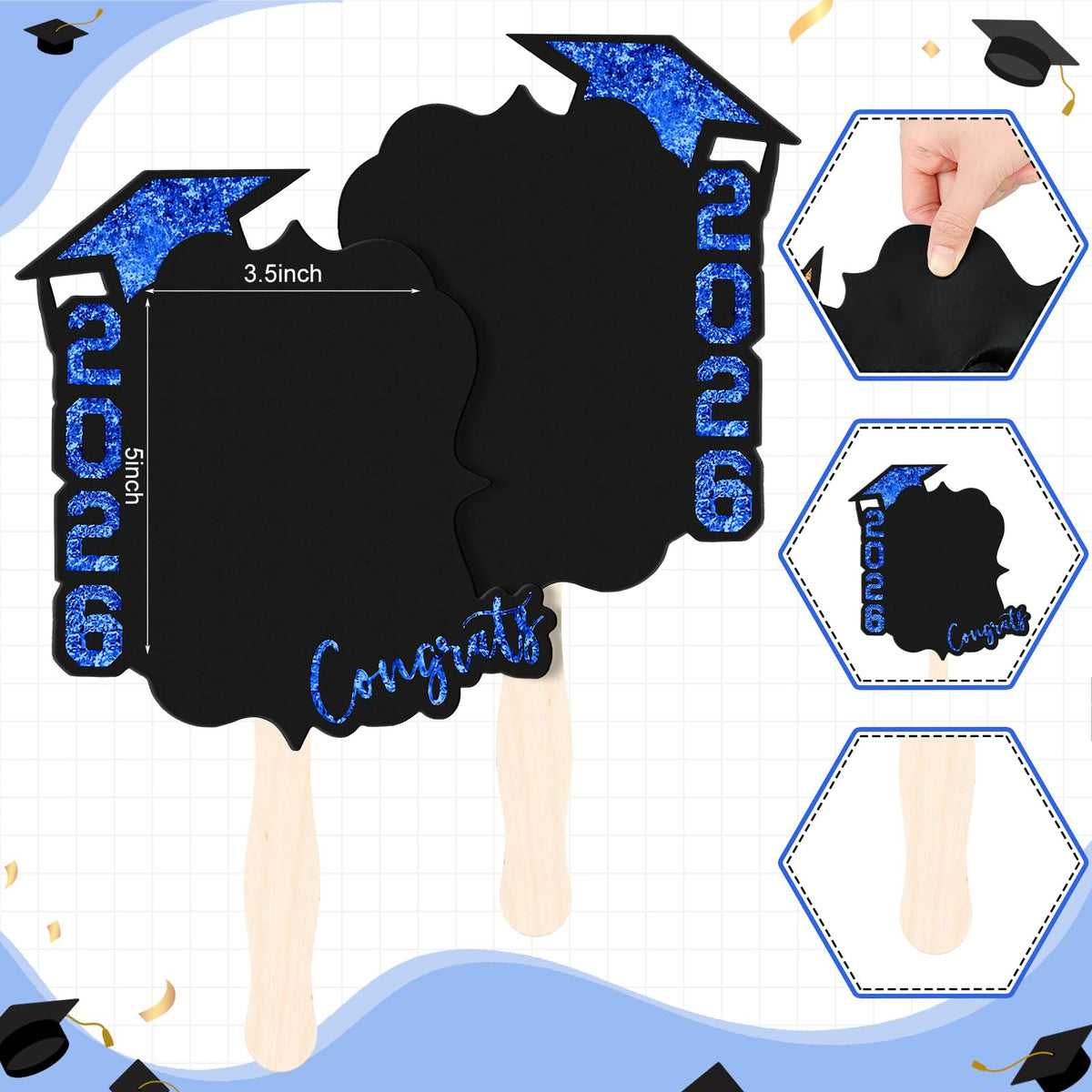 Ergonomic handle design of FunooFuno graduation fans for comfortable handheld display.
