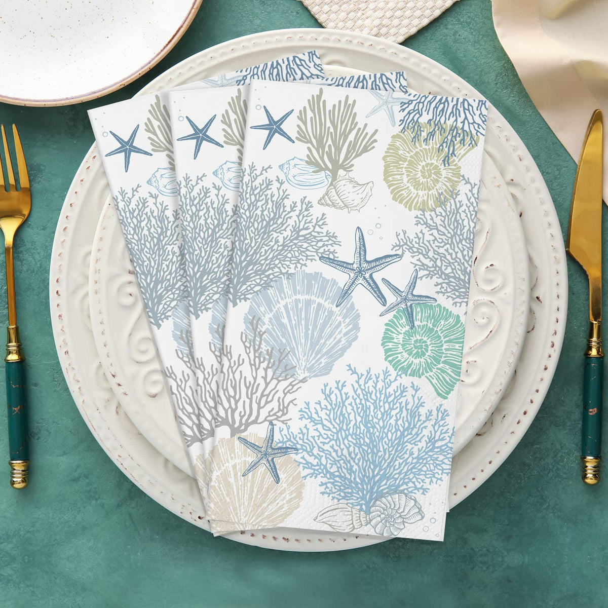 Funrous beach party napkins coordinate with tropical table setups.