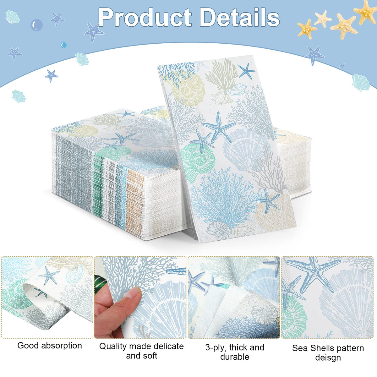 Funrous coastal guest napkins showcase seashell prints for seaside wedding or party settings.