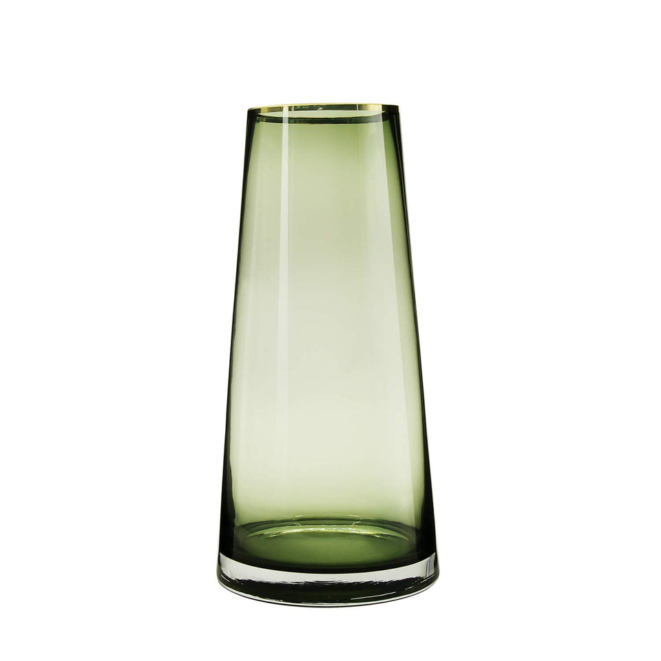 Funsoba 10-inch green glass vase with gold mouth showcased as an elegant centerpiece.