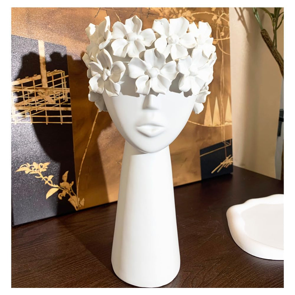 FunSoba ceramic head vase in white with flowing features, stylish centerpiece for living rooms.