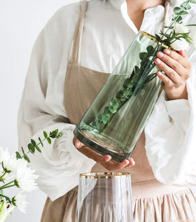 Funsoba green glass vase close-up highlighting the gold rim’s modern elegance.